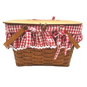 VINTAGE 1986 LONGARBERGER Large Handwoven‎ Picnic Basket Red White Gingham Liner